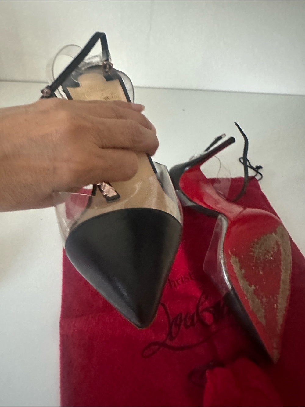 Christian Louboutin Black and Nude T-Strap Pointed Toe Pumps - Picture 5 of 10